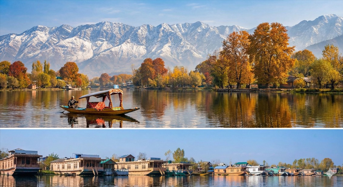 Snow-capped mountains and houseboats in Kashmir